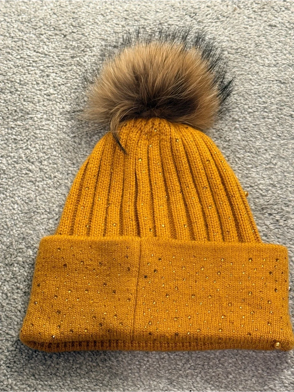 Cashmere Blend Beanie Hat Mustard Yellow Rhinestone Pearl Studded Raccoon Pom